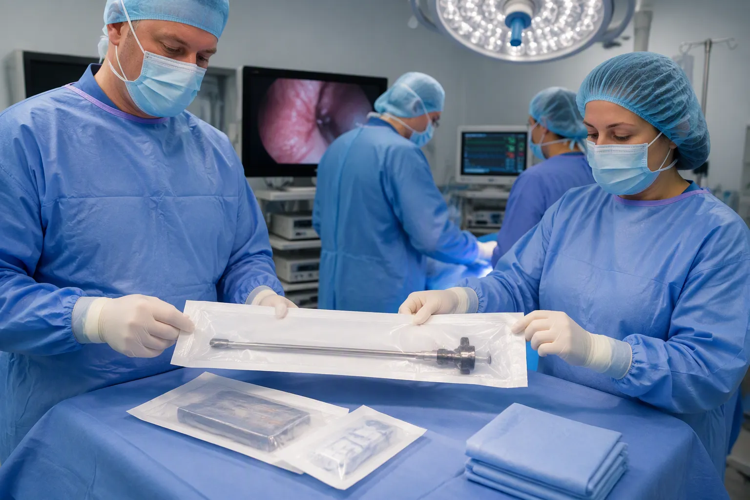 Disposable laparoscopic instruments laid out sterile on a tray before a procedure