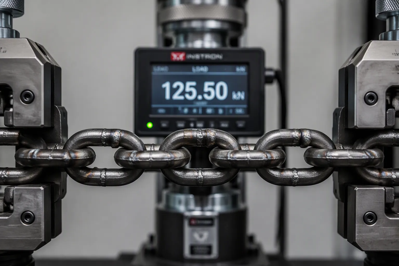 tensile testing machine pulling a welded steel chain sample