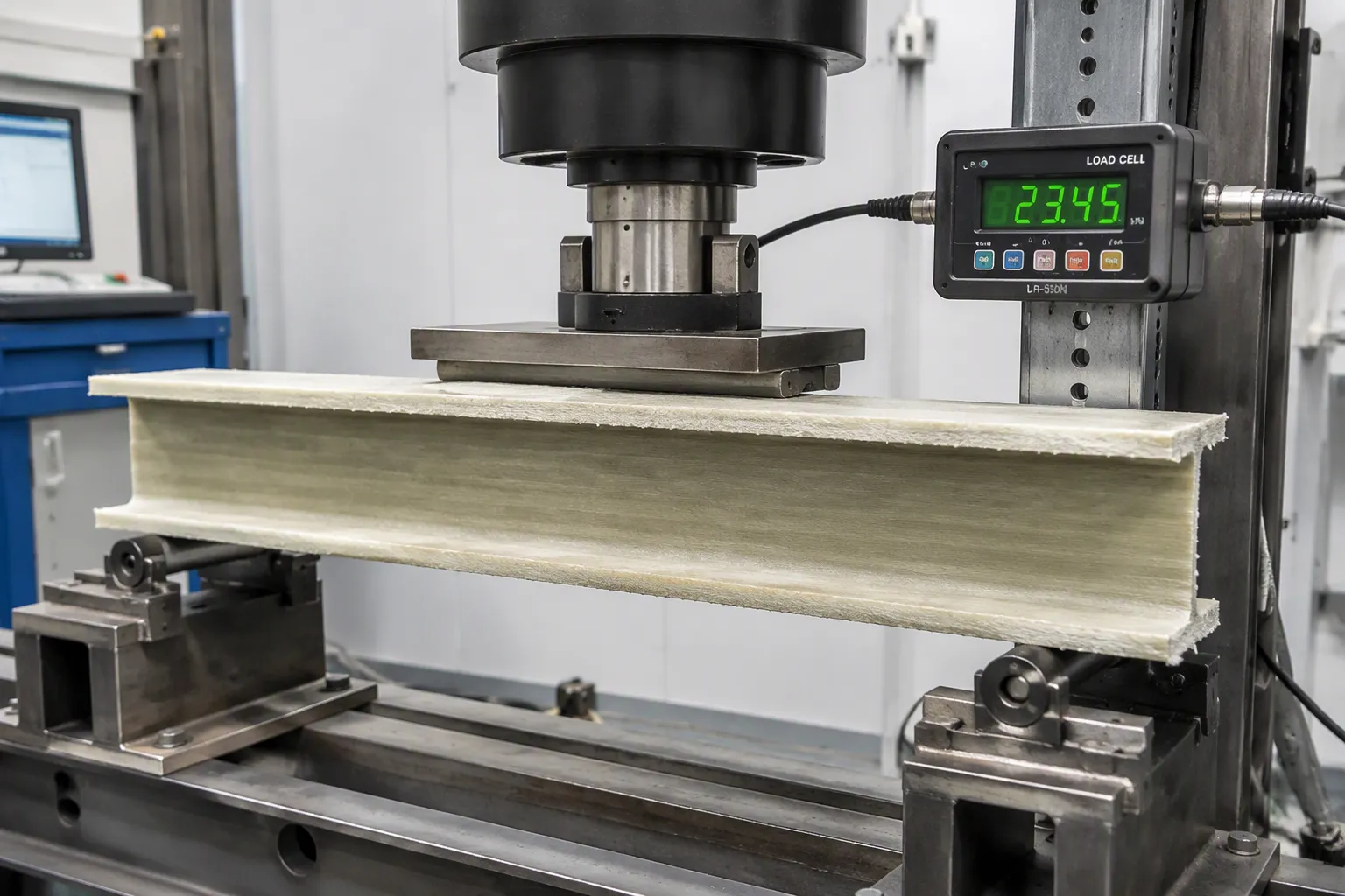 fiberglass I-beam load testing universal testing machine applying a load to a fiberglass I-beam sample