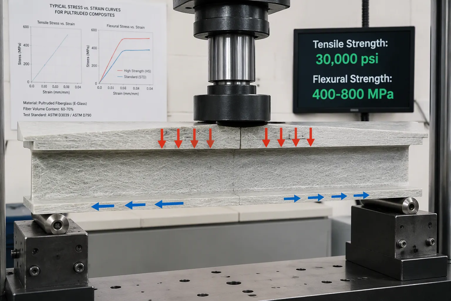 fiberglass I-beam strength metrics stress strain curves and test data for pultruded fiberglass composites
