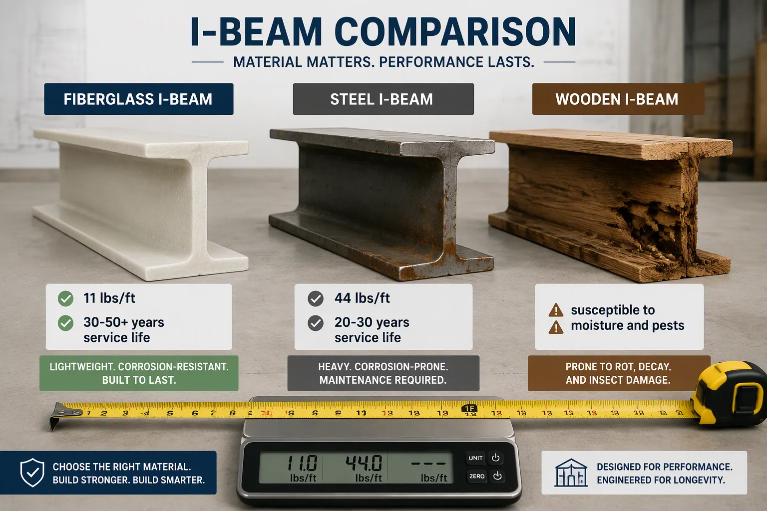 fiberglass vs steel vs wood beams fiberglass I-beam compared with steel and wood structural members