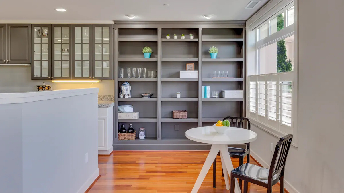 round laminate table used as a home office desk