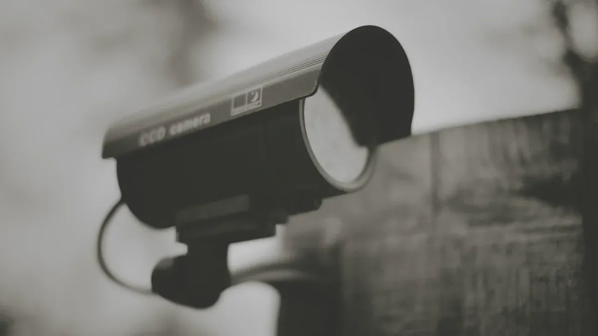 Close-up of a bullet style CCTV camera showing its sealed lens housing
