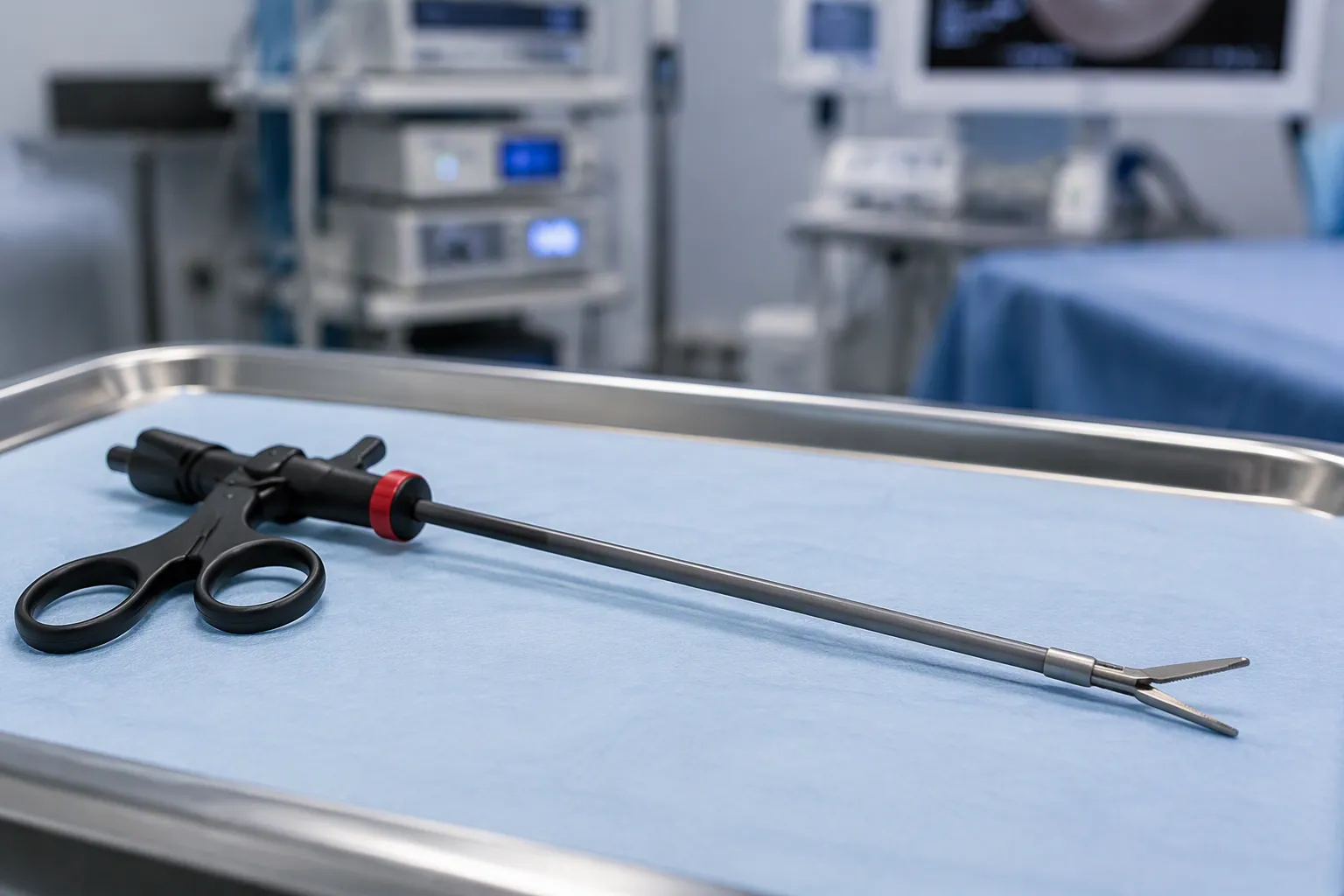 laparoscopic instrument insulation laparoscopic grasping instrument on a sterile tray in an operating room