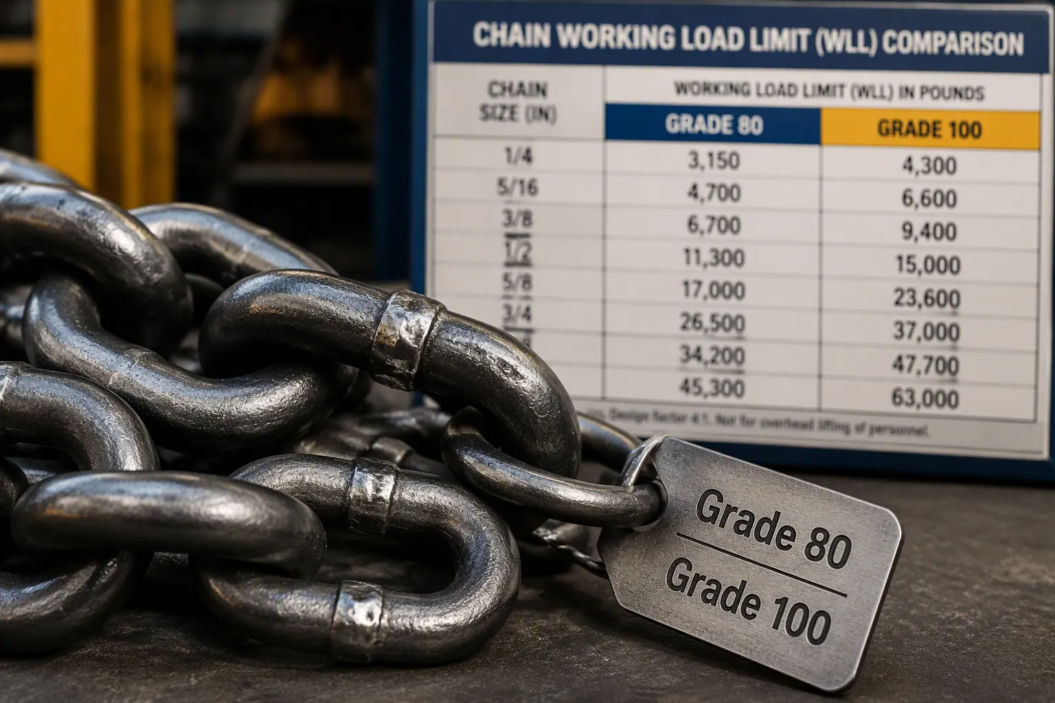 industrial welded steel chain with grade 80 and grade 100 tags next to a working load limit comparison board