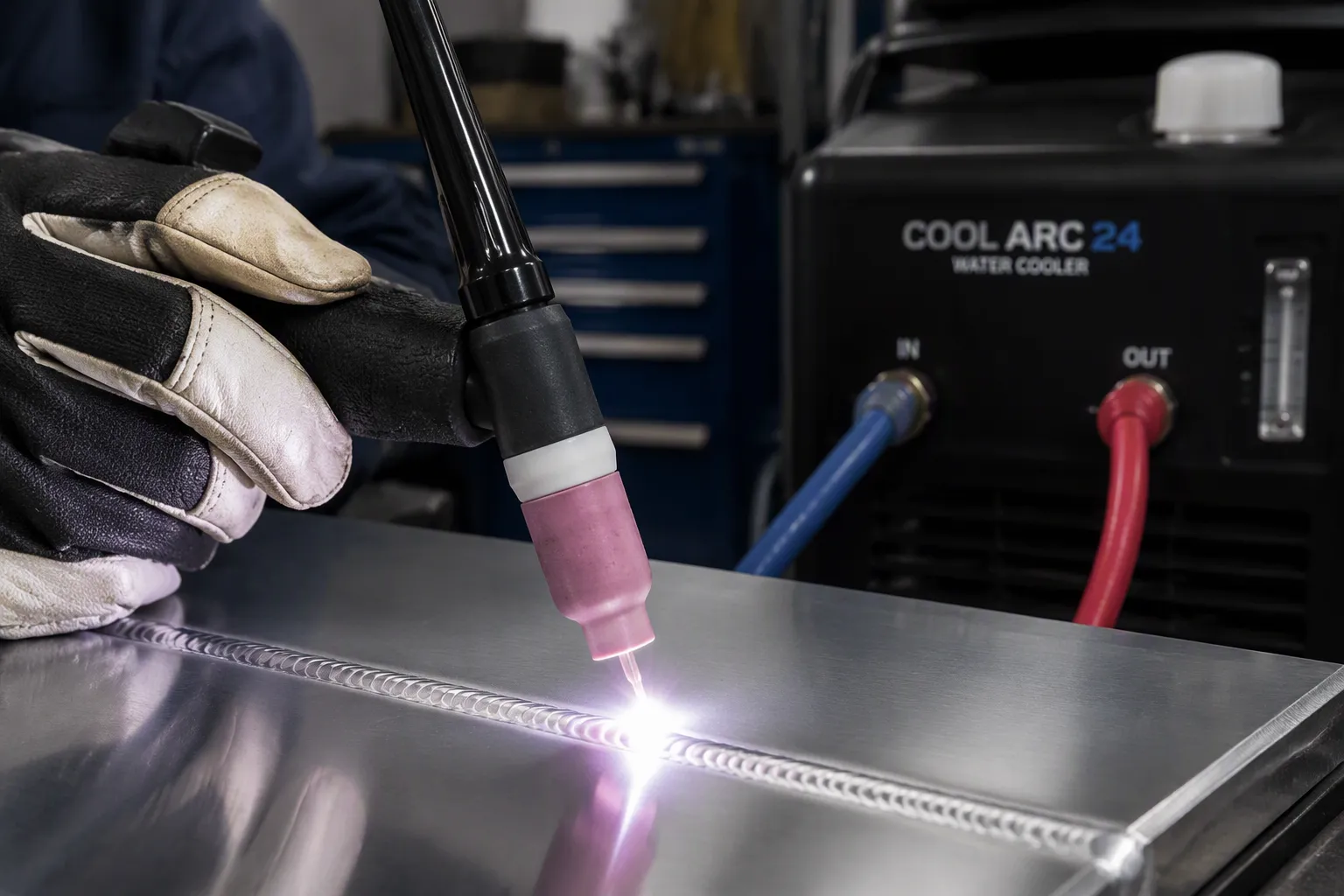water cooled TIG torch aluminum water-cooled TIG torch welding a clean aluminum bead