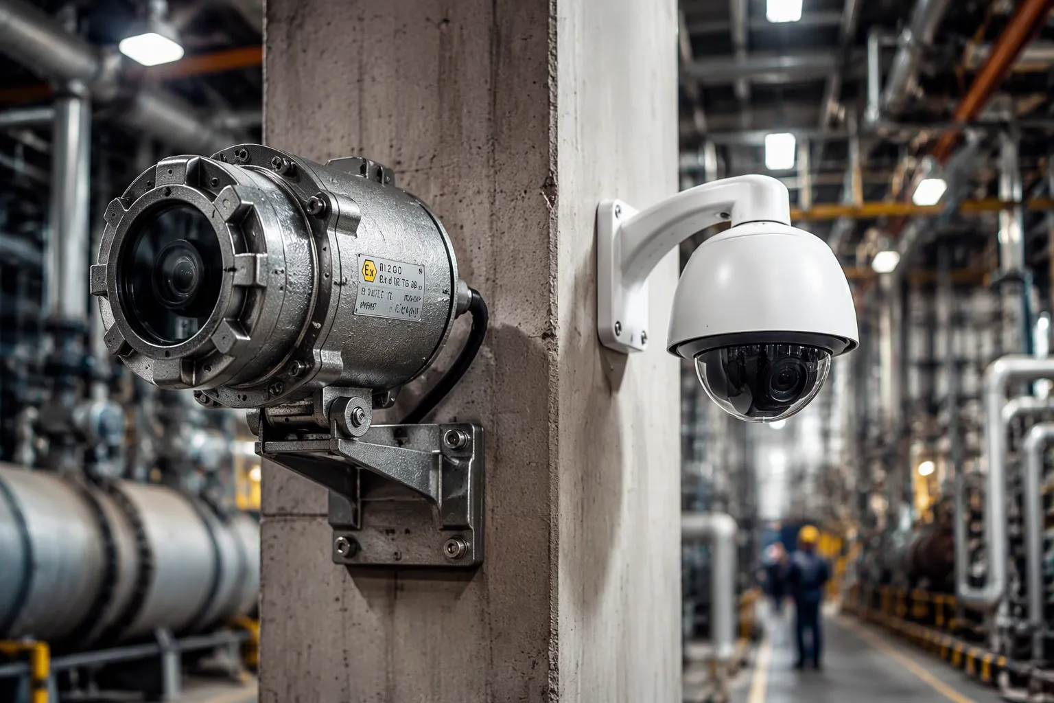 Industrial facility with explosion-proof bullet camera and standard dome camera side by side