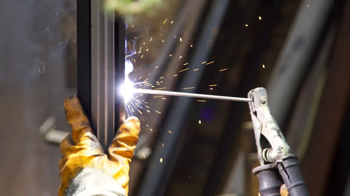 Close-up of a plasma arc striking a metal workpiece during cutting