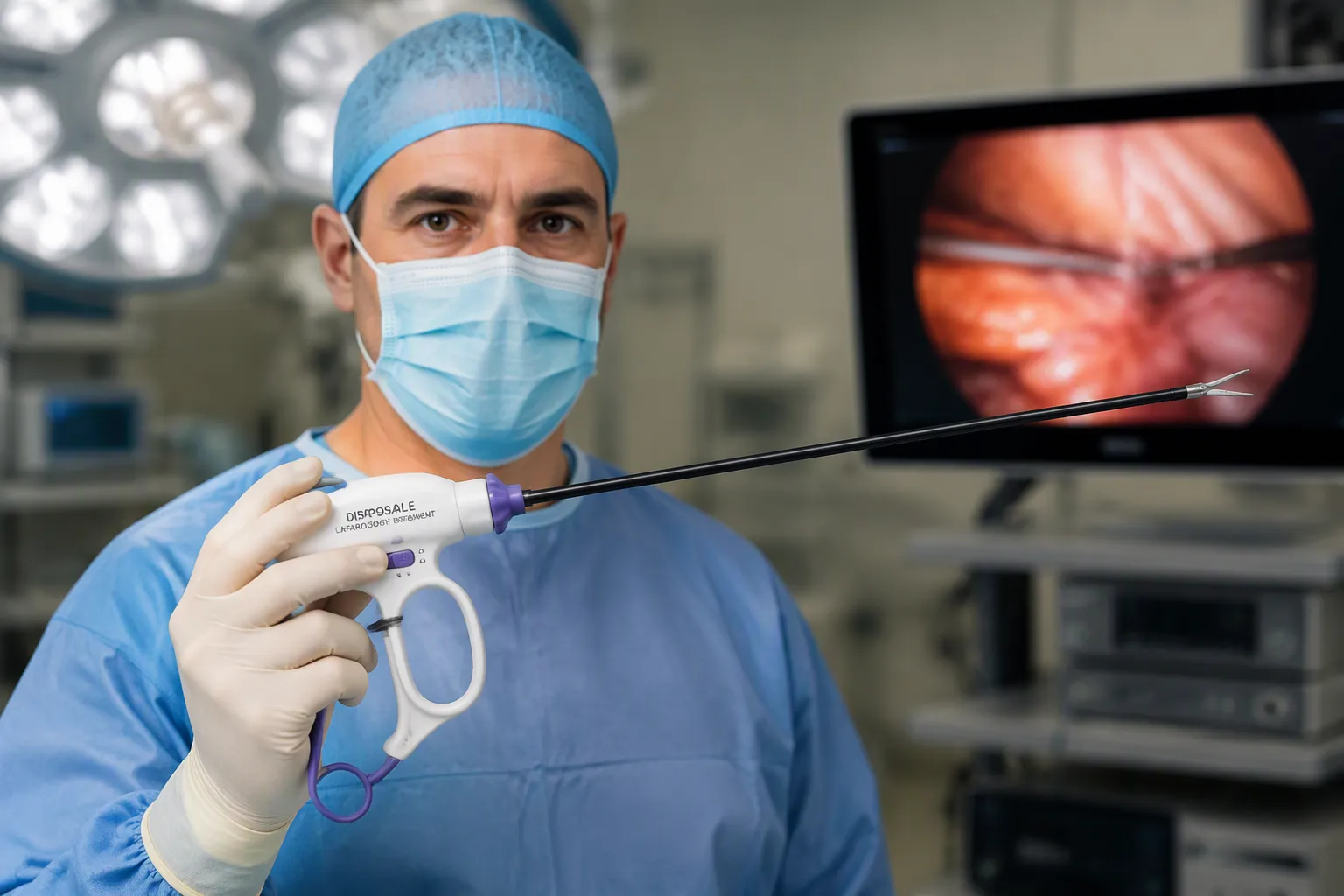 Surgeon holding a disposable laparoscopic instrument with a purple rotation knob