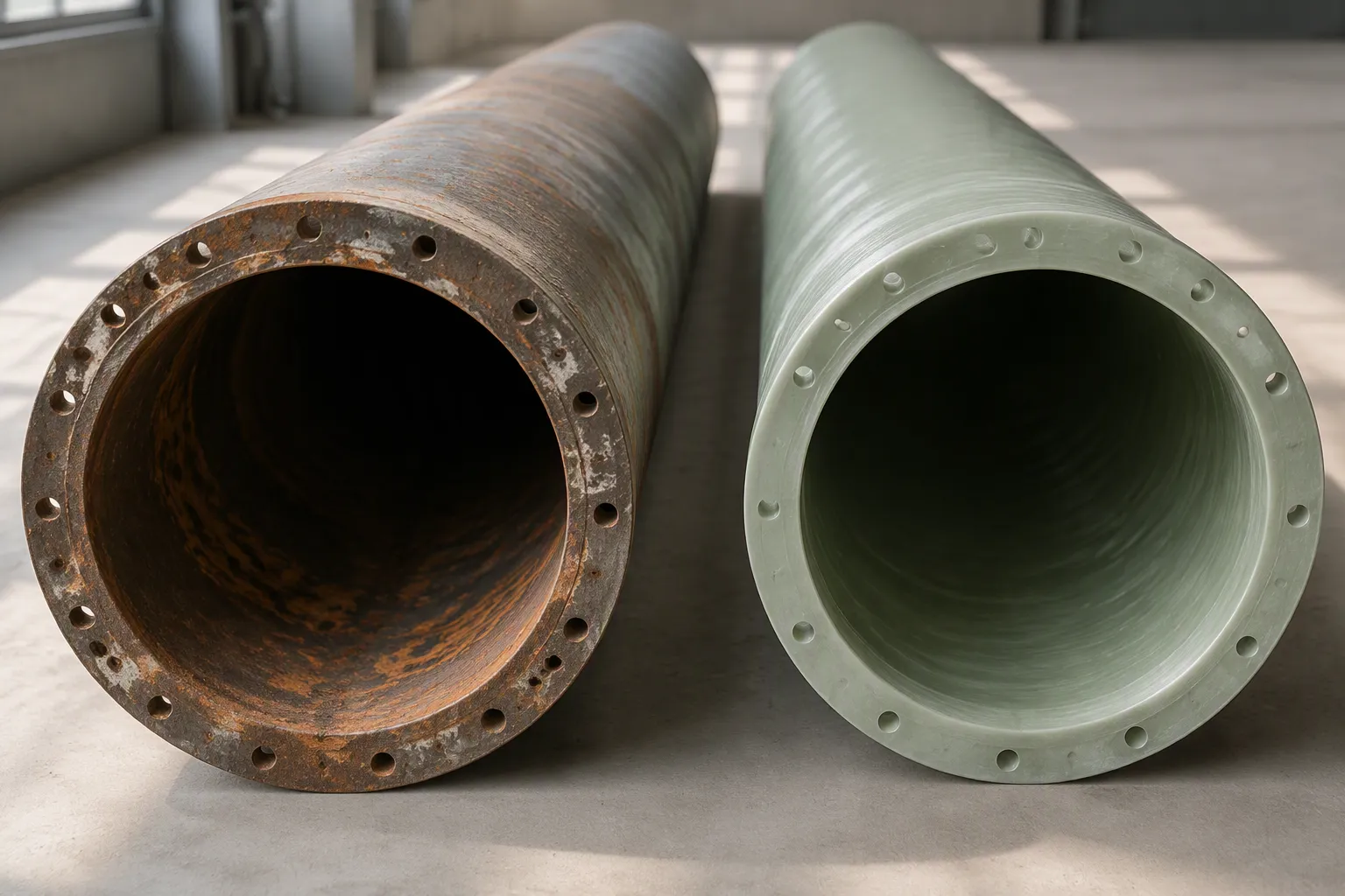 Glass-reinforced plastic pipe sections beside steel and ductile iron pipe of comparable diameter