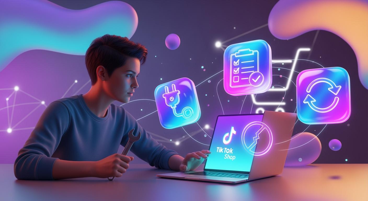 A professional troubleshooting guide illustration for TikTok Shop API connection issues, featuring a developer fixing technical errors with digital interface icons like sync and checklists