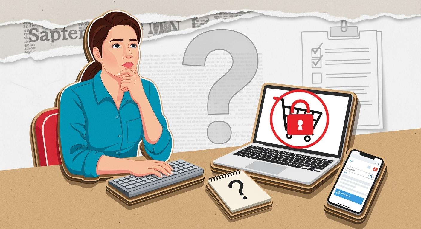 An illustration of a concerned e-commerce seller looking at a laptop with a locked shopping cart icon, representing a suspended TikTok Shop account recovery guide