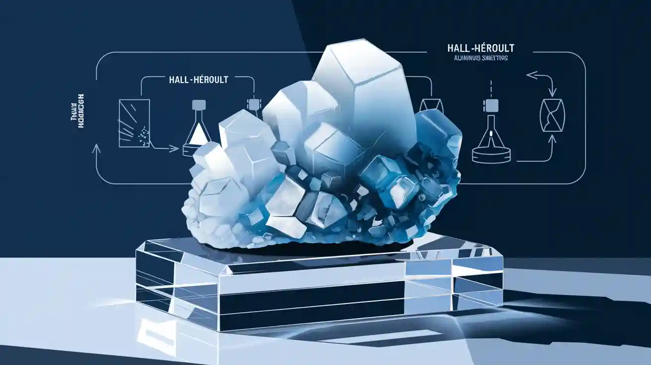 Cryolite mineral on acrylic stand, with aluminum smelting process diagram in background