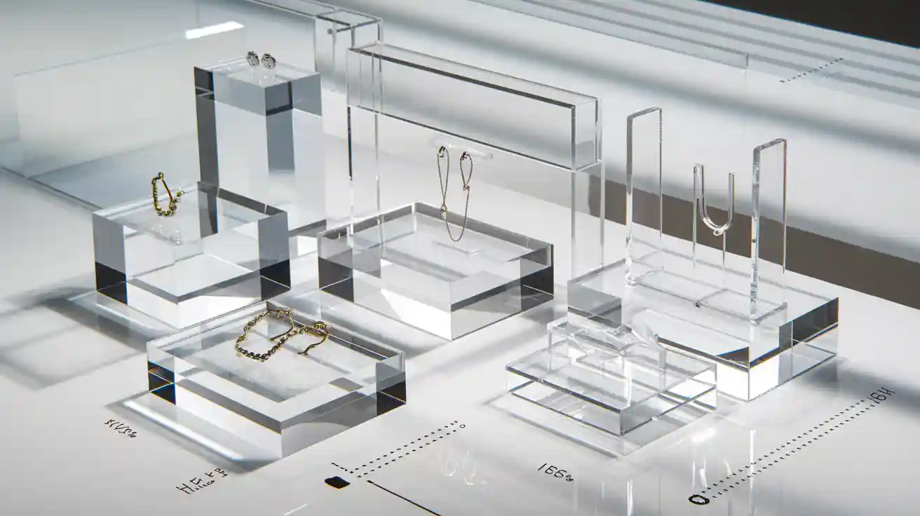 Acrylic risers displaying jewelry, cosmetics, and collectibles in a modern retail setting