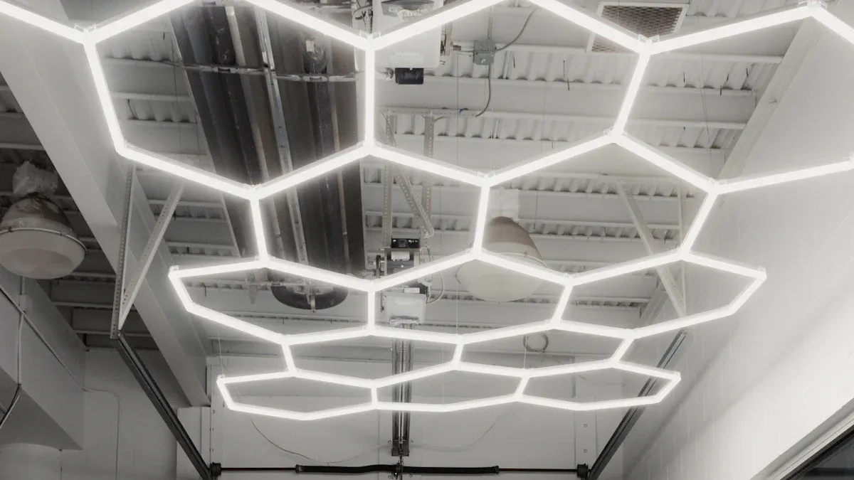 Honeycomb-shaped lights cover the ceiling