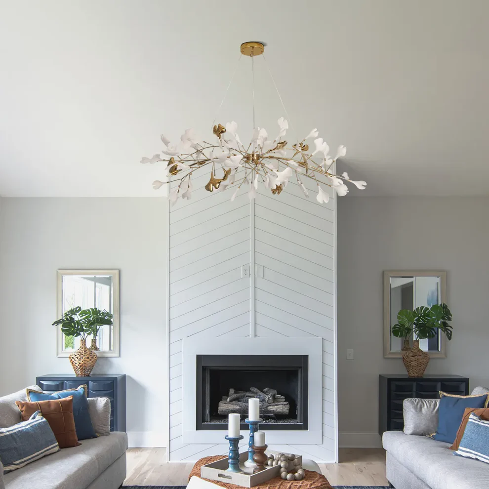 Excelis Art Deco White Chandelier – Metal/Acrylic Gingko Design for Living Room