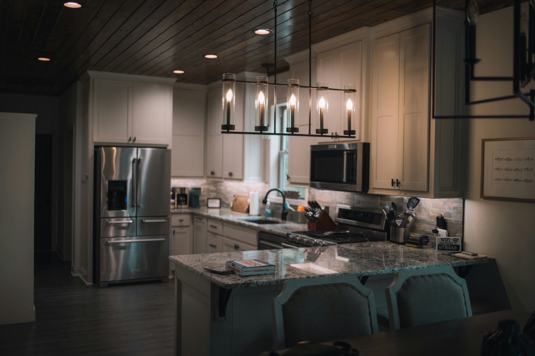 Kitchen island pendant lights showing proper clearance and comfortable sightlines