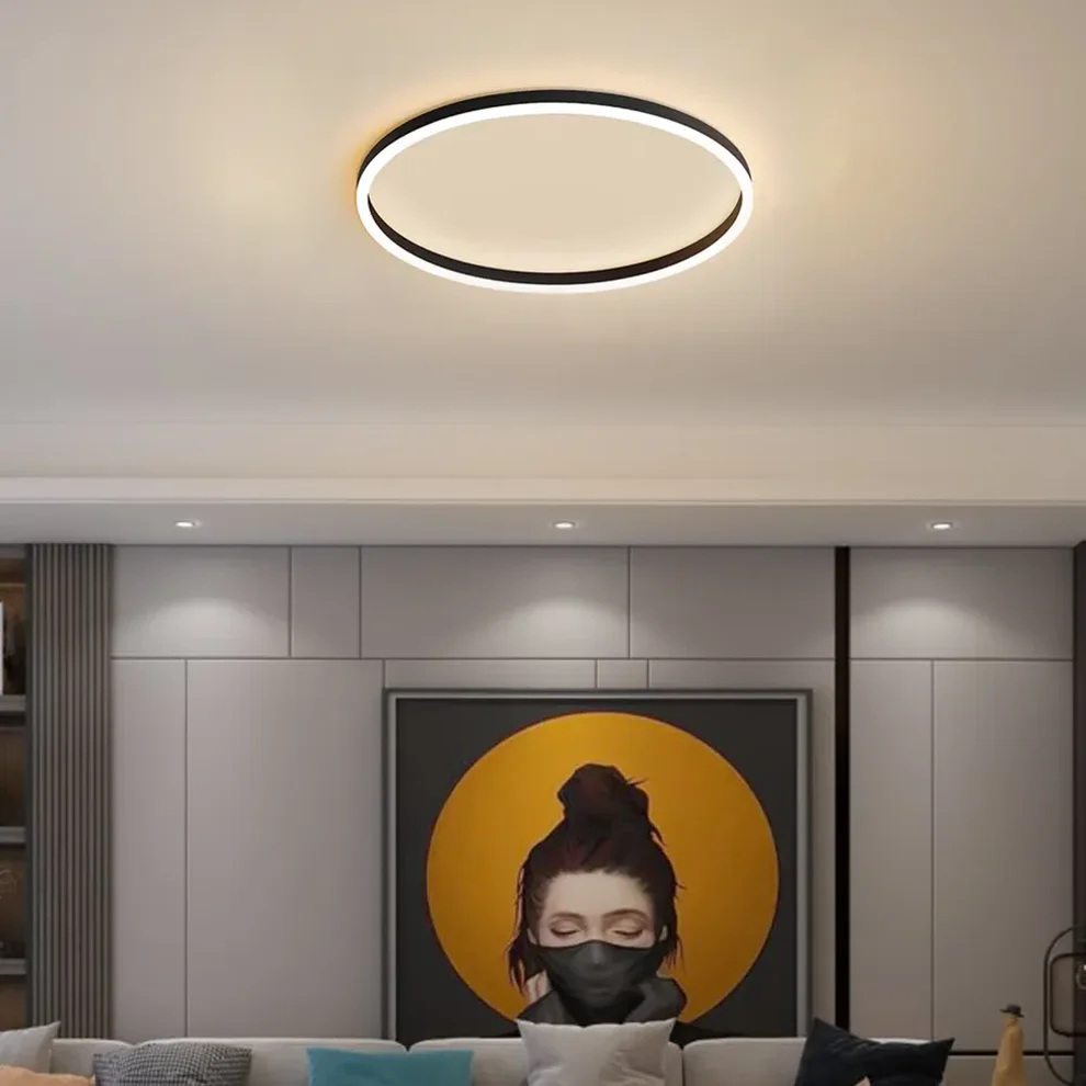 Embrace Modern Ring Flush Mount Ceiling Light – Black Dimmable Metal Lamp Bedroom