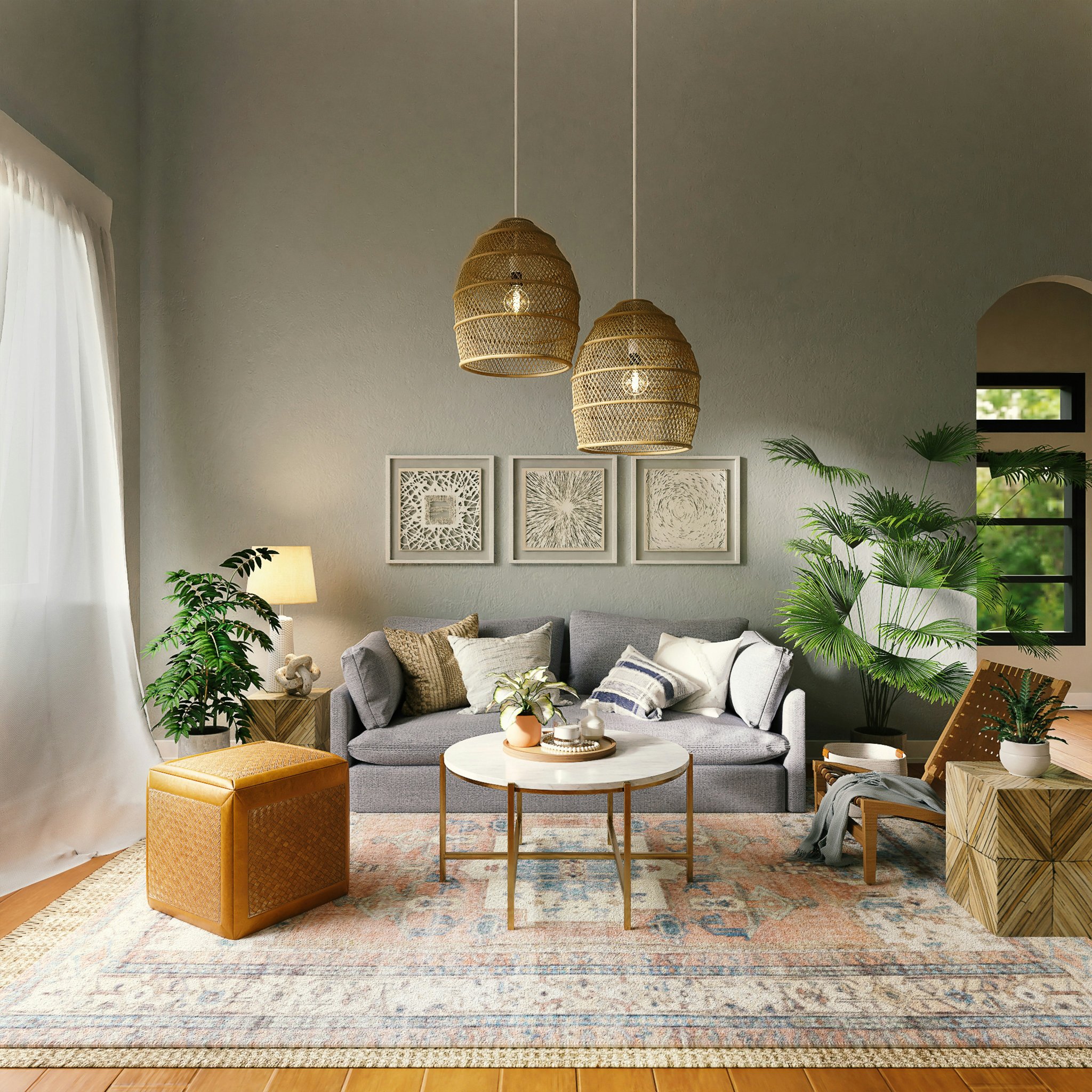 Cozy living room with warm white lighting creating a relaxing  atmosphere