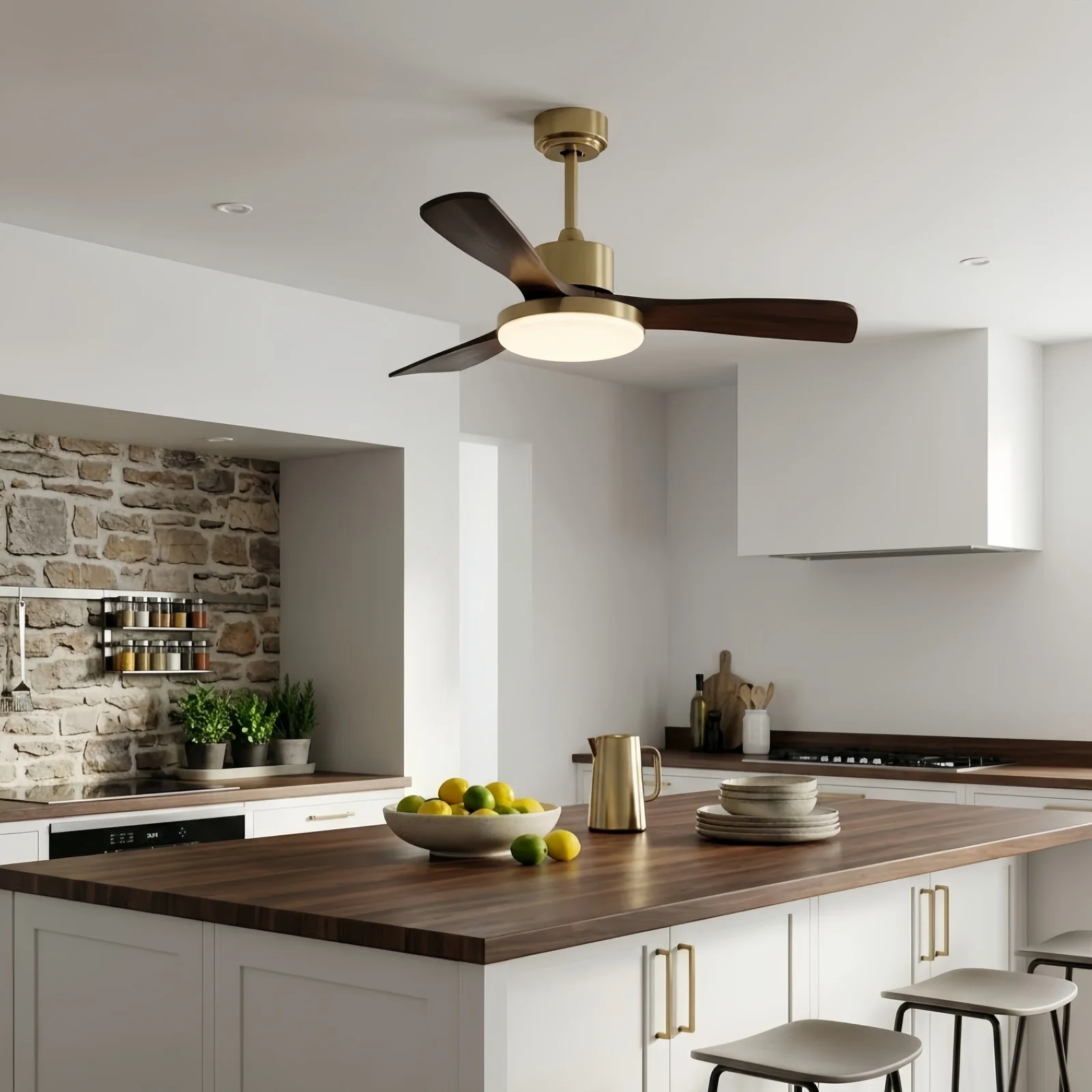 Zenno Modern Ceiling Fan Light with LED -- Walnut Wood & Gold for Kitchen