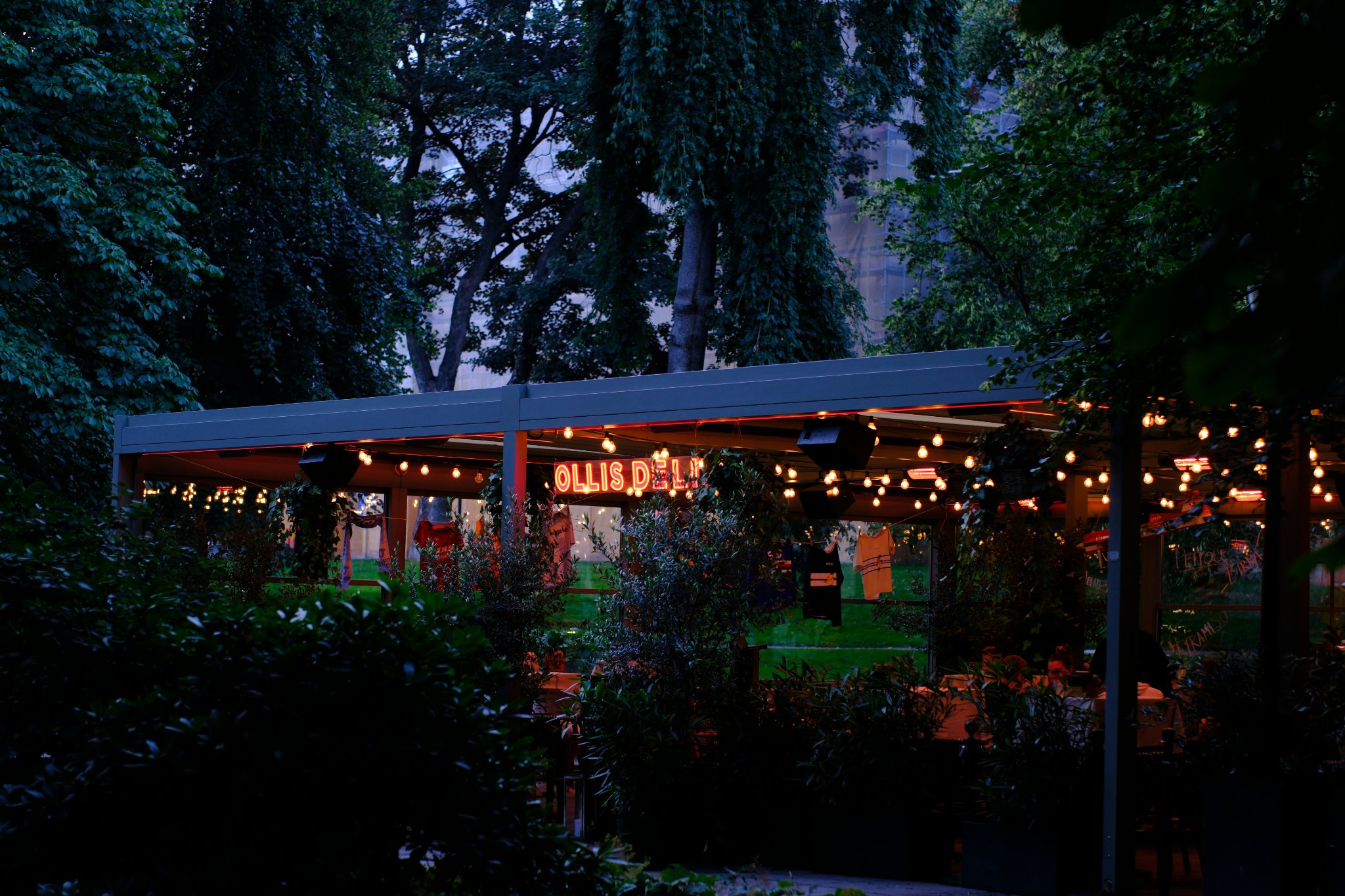 Outdoor patio with string lights at dusk