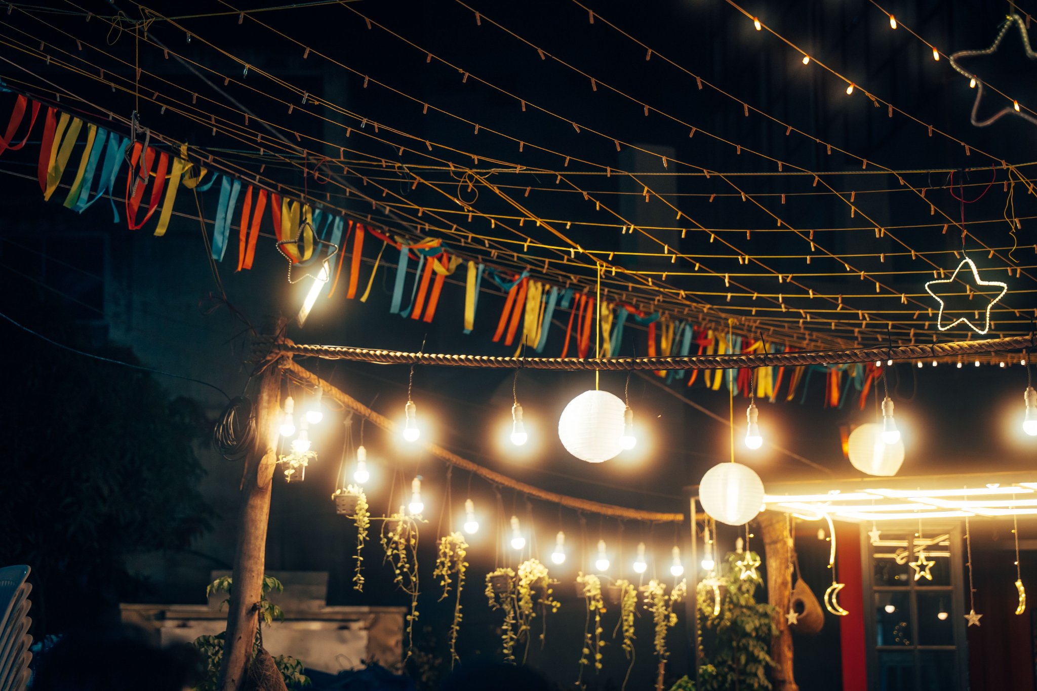 Outdoor pergola with string lights