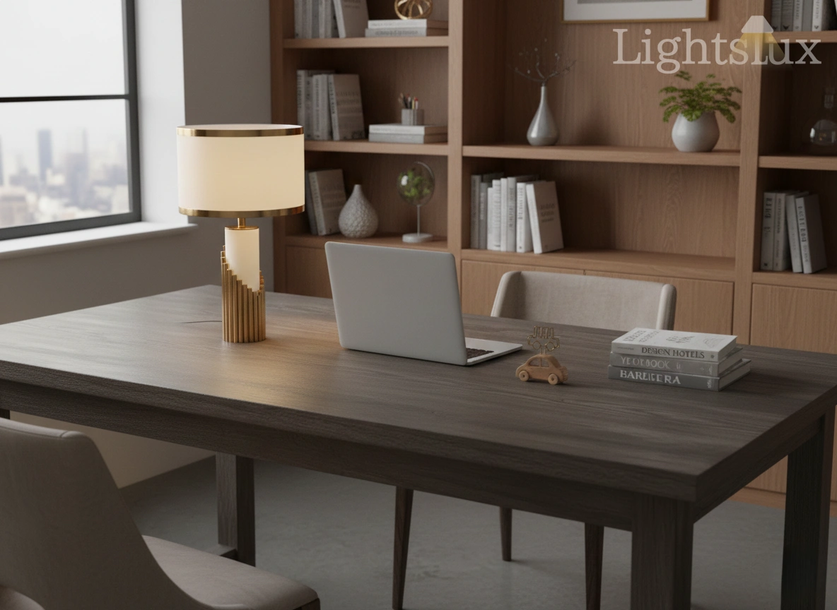 Lunara Royal White & Gold Table Lamp – Cylindrical Metal & Fabric for Bedroom