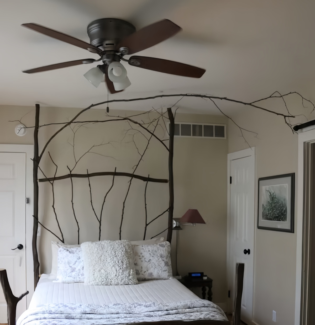 modern ceiling fan with LED light and remote control in bedroom