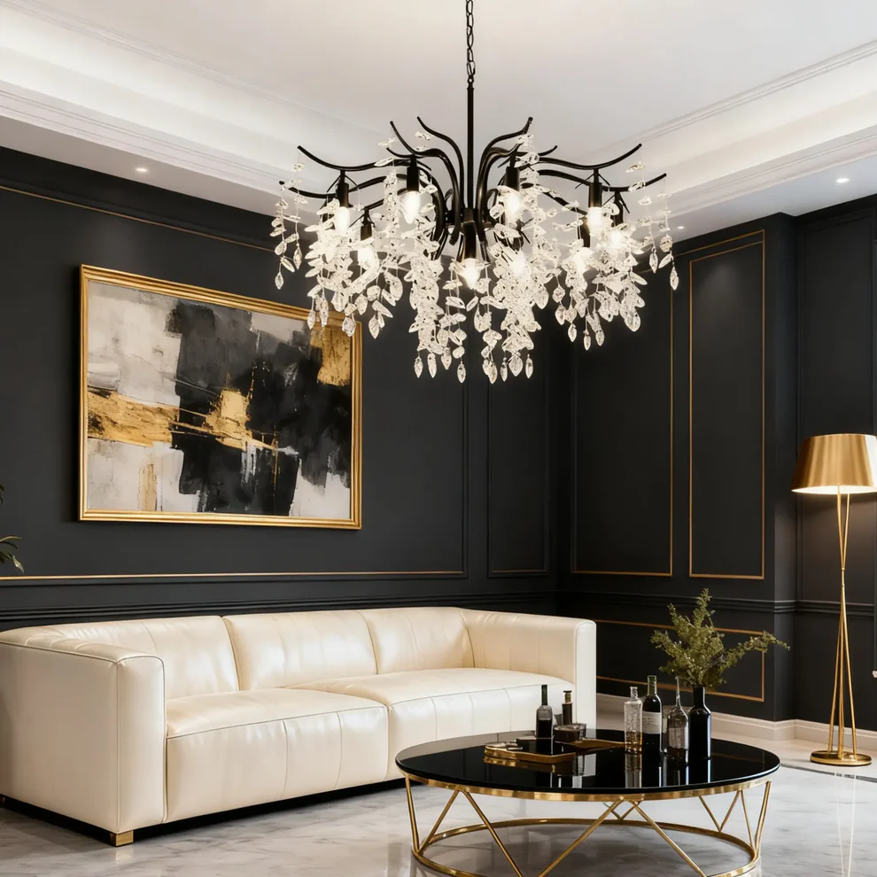 Excelis Royal Crystal Chandelier – Luxurious Black/Gold Finish for Living/Dining Room