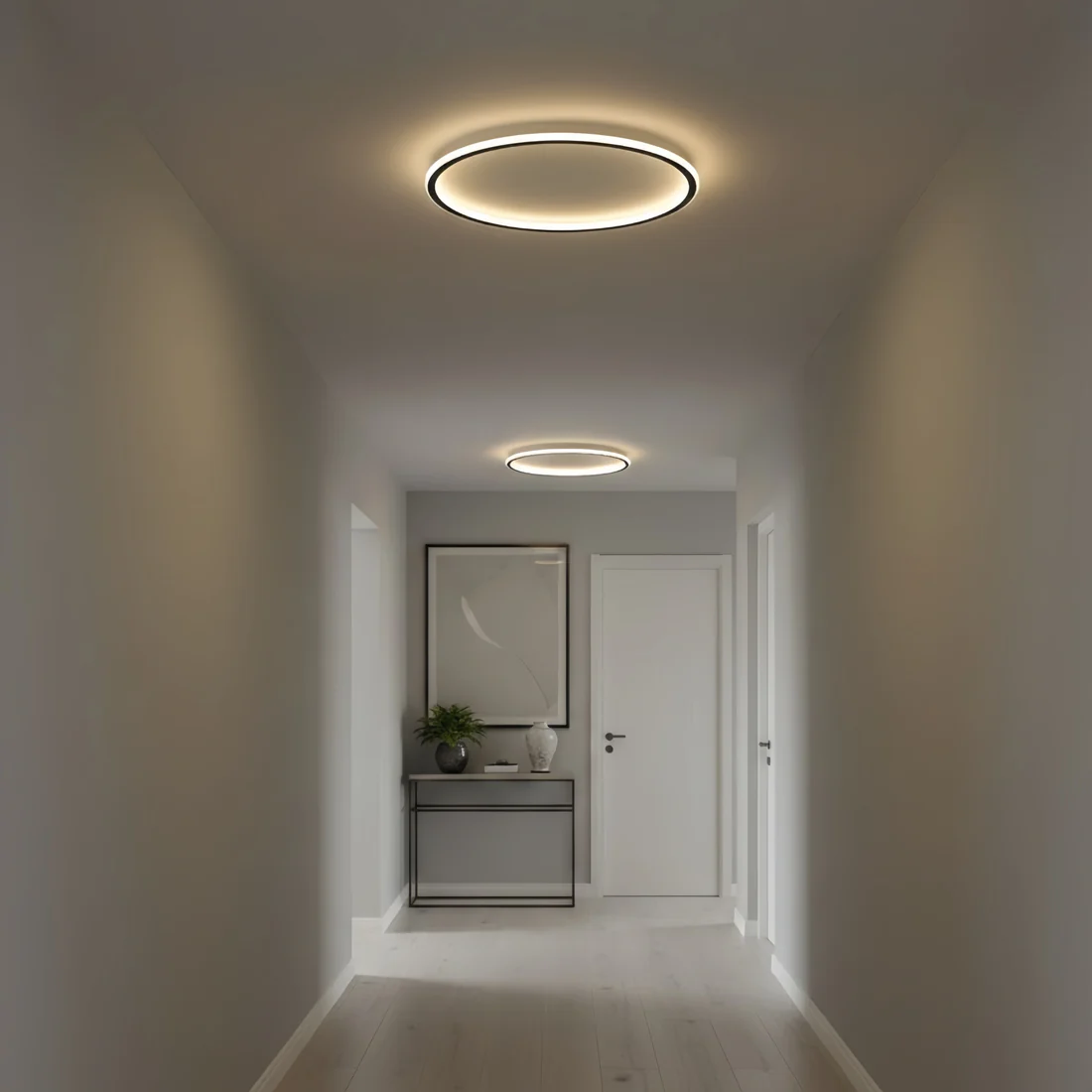 flush mount ceiling lights in the indoor hallway