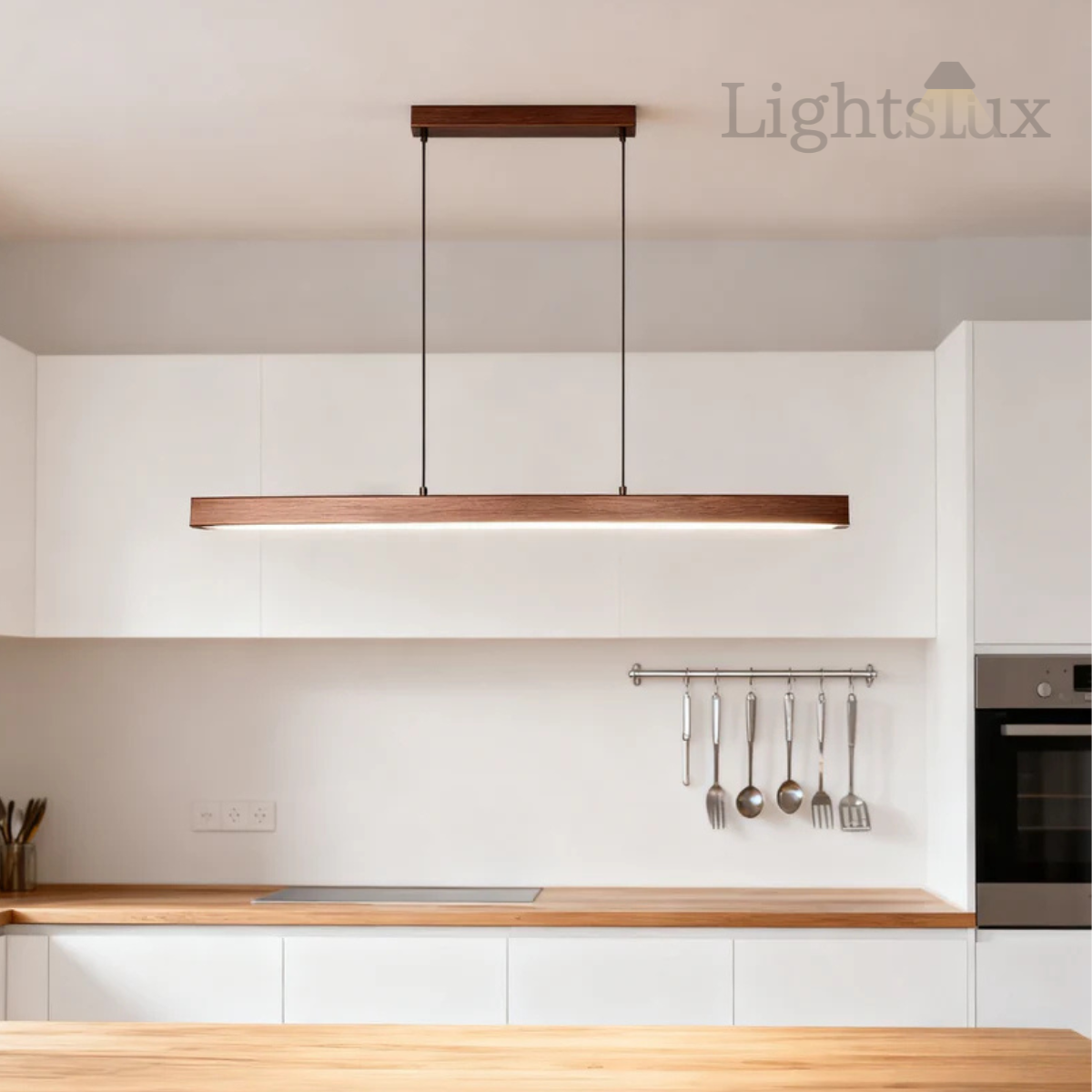 Modern pendant light with warm glow, perfect for creating an intimate dining room atmosphere.