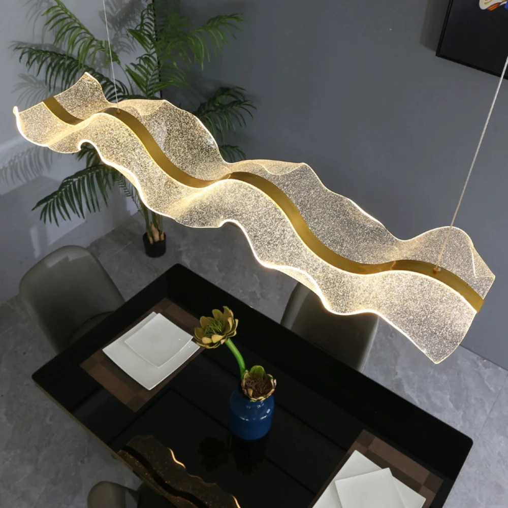 Excelis Modern Metal & Acrylic Pendant Light - Gold Wave Design for Dining Room