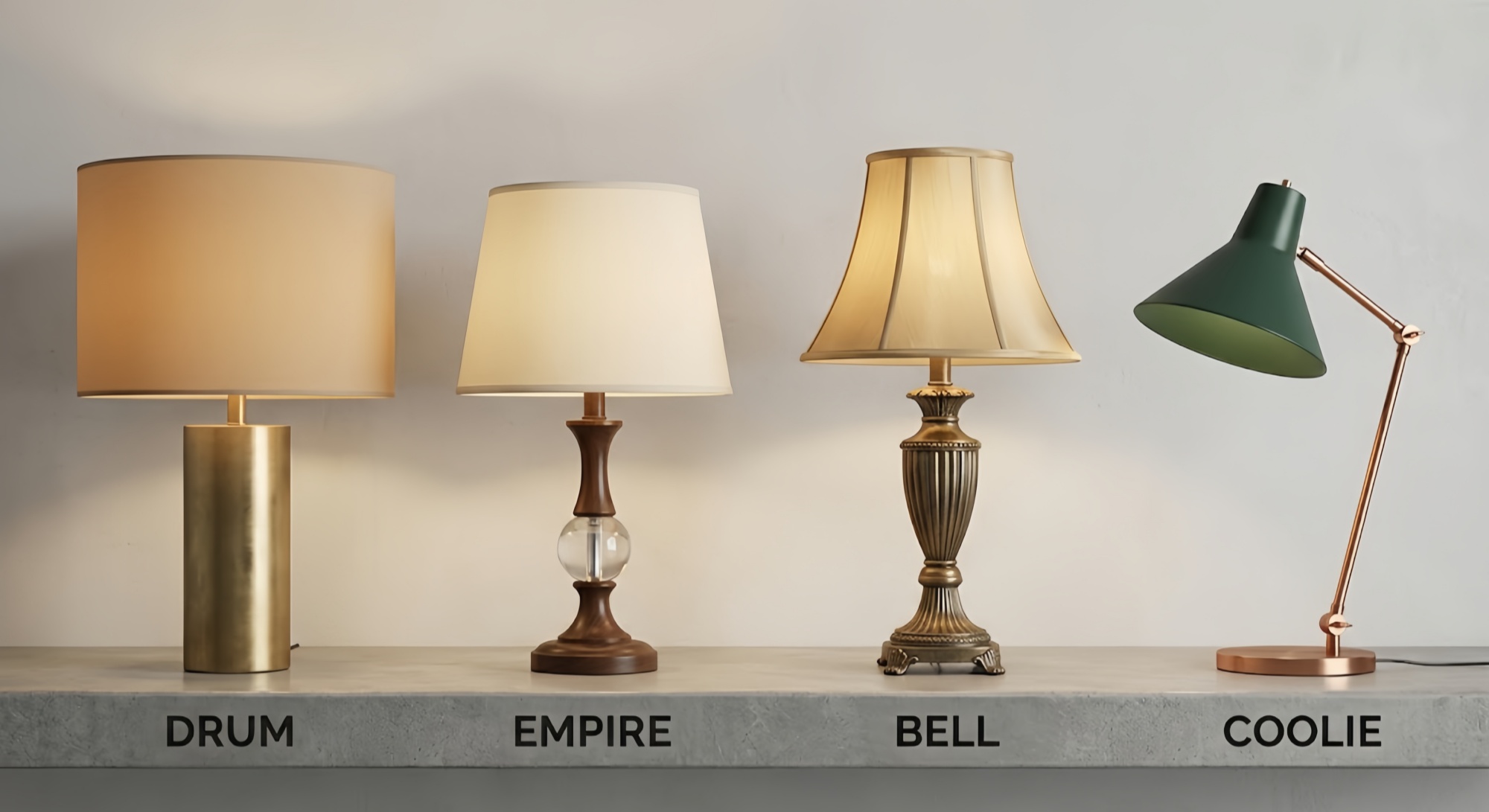 four basic lamp shades profiles are particularly useful to recognize: Drum, Empire, Bell, and Coolie.