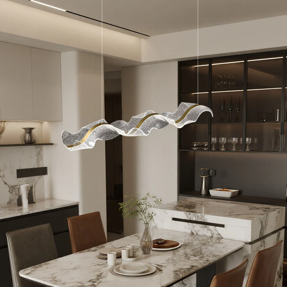 Excelis Modern Metal & Acrylic Pendant Light - Gold Wave Design for Dining Room