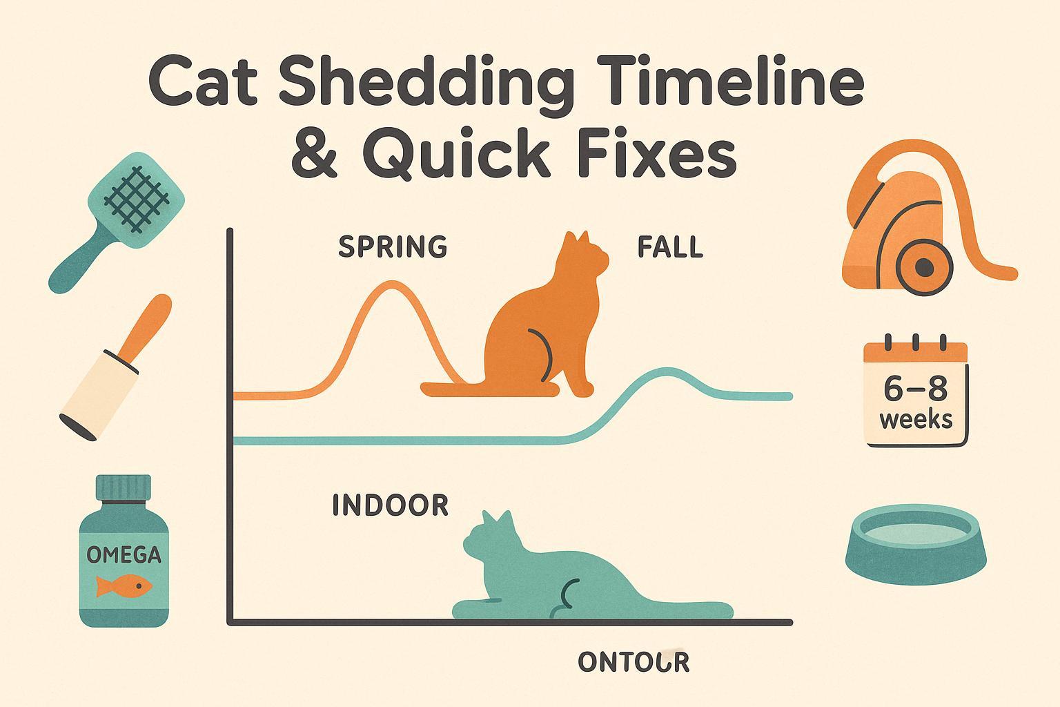 Cover image showing a cat shedding timeline with spring/fall peaks and icons for quick fixes like brushing, vacuuming, and omega-3s.