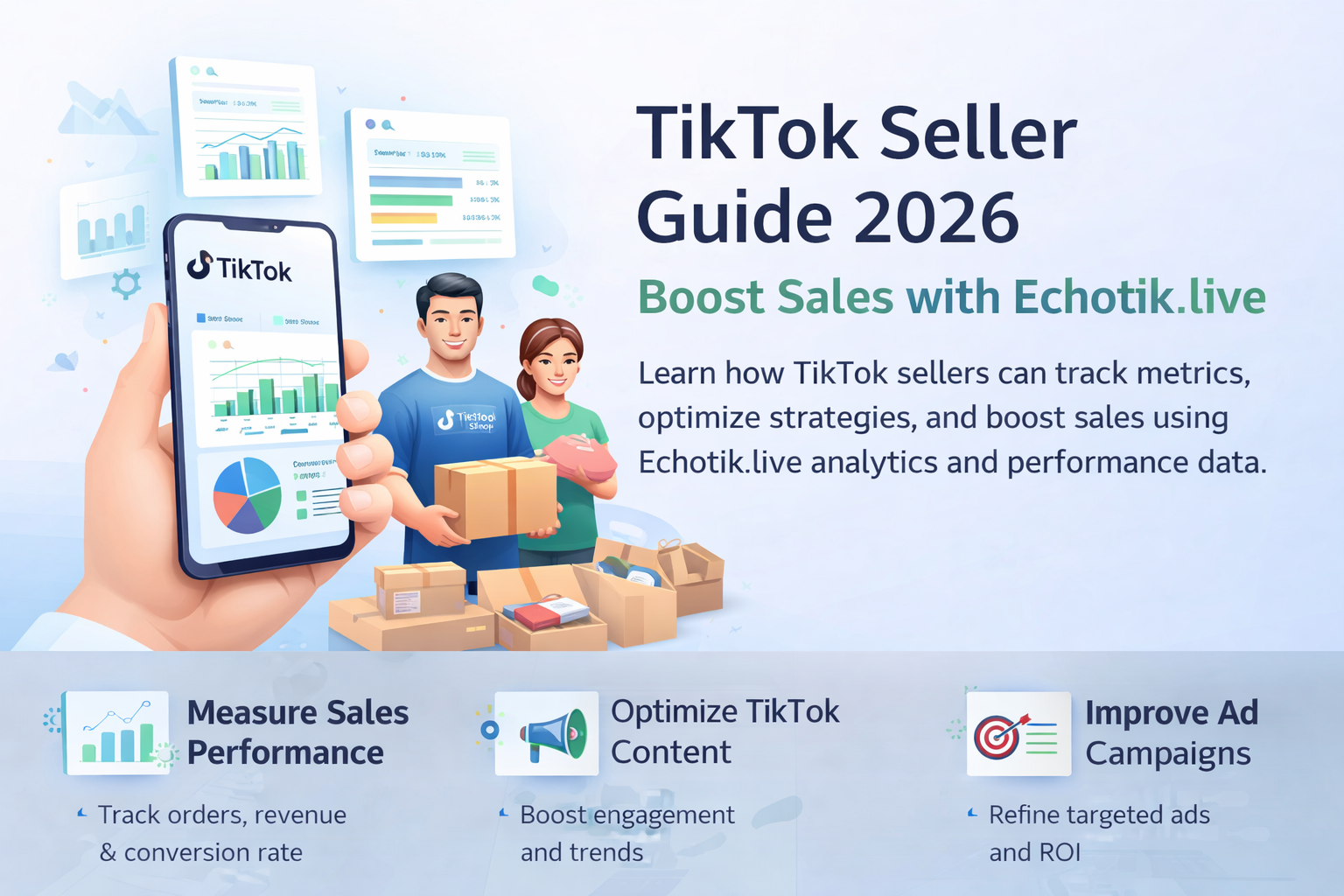 TikTok sellers using Echotik.live analytics on a smartphone with charts and product boxes to track sales and performance.