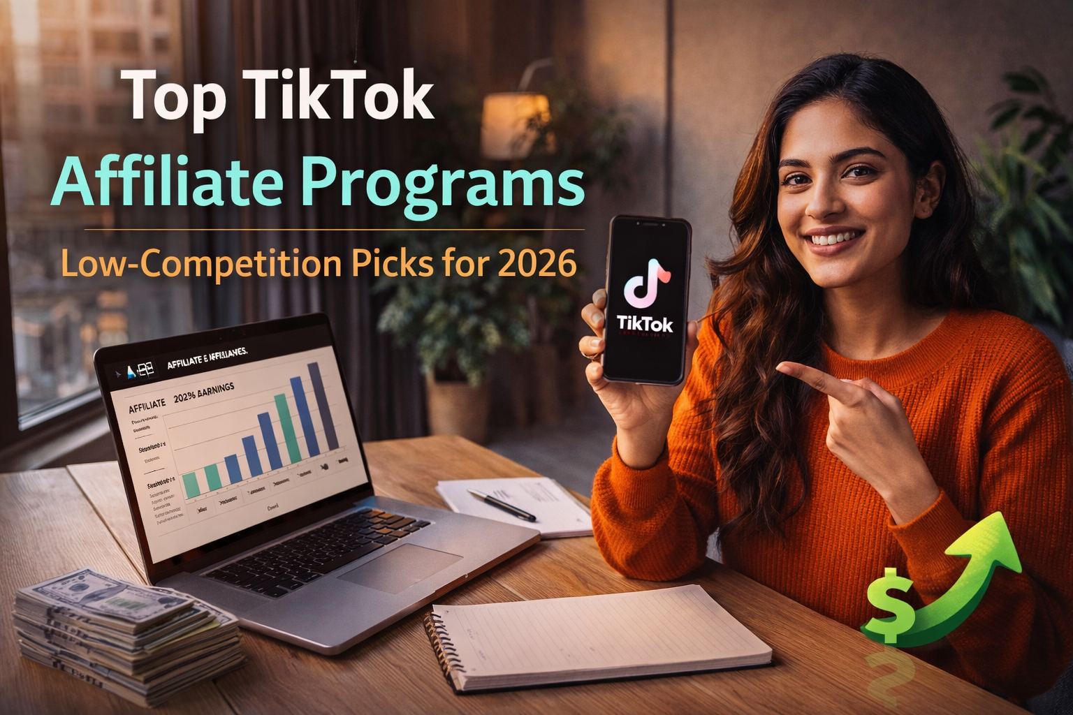 A creator showcases TikTok affiliate earnings on her laptop while highlighting top-performing programs and growth potential for 2026.