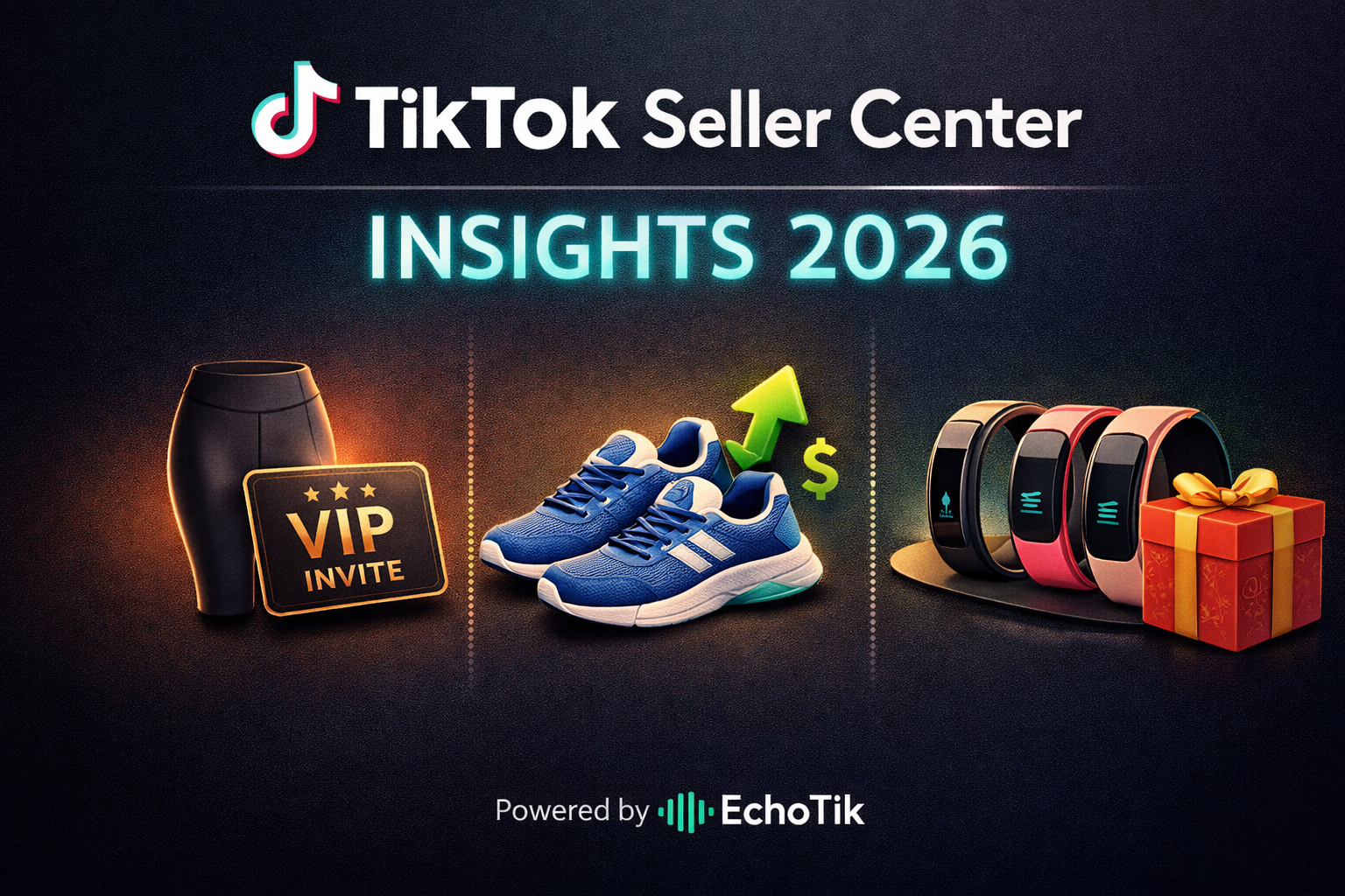 A minimal infographic showing TikTok Seller Center 2026 insights with icons for Yoga Pants, Running Shoes, and Fitness Bands, highlighting key performance indicators and EchoTik support