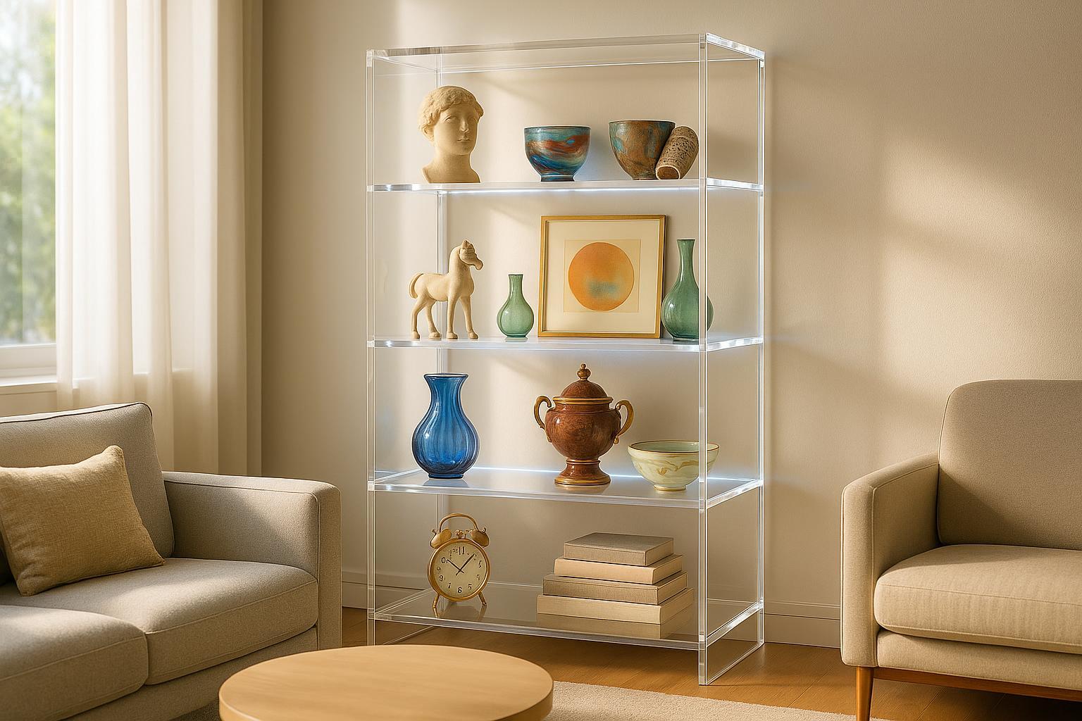 Modern living room with a stylish acrylic curio cabinet displaying art and collectibles