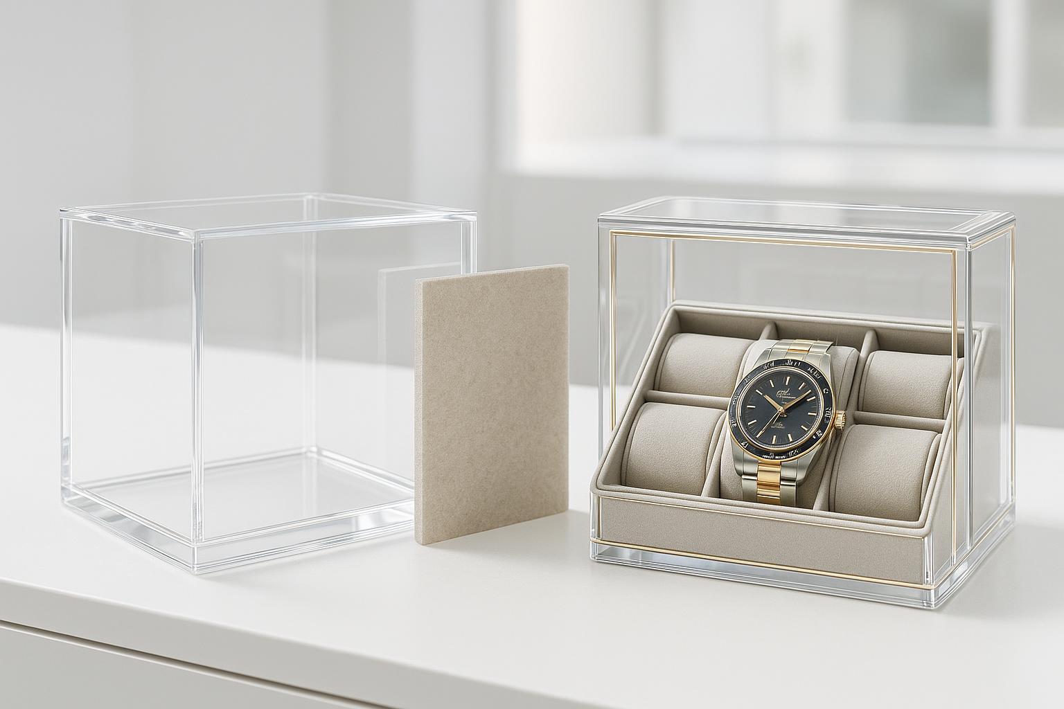 Virgin acrylic luxury display box and organizer in showroom, contrasted with recycled acrylic.