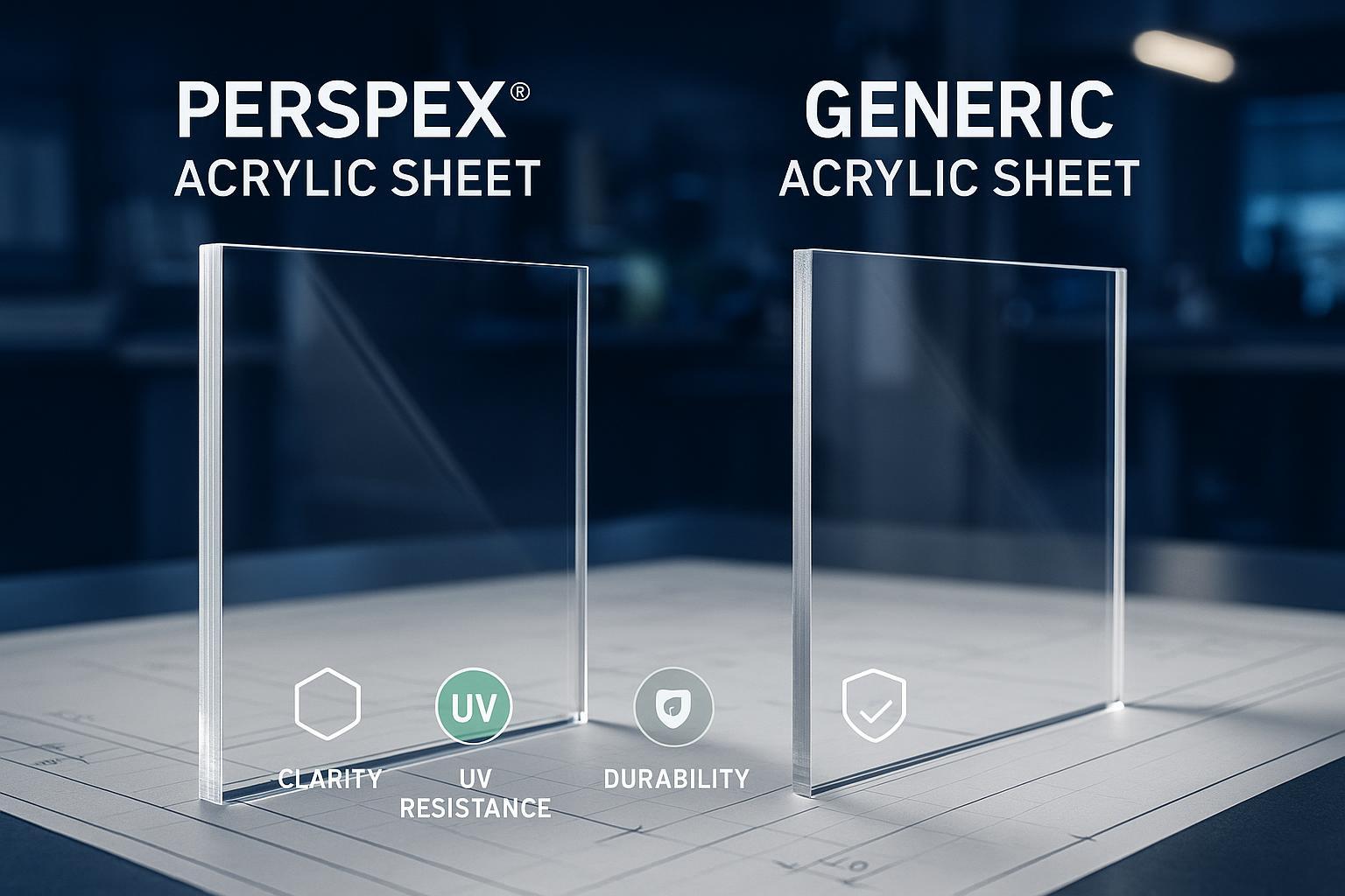 Perspex vs. generic acrylic sheets visual comparison under bright light showing clarity and durability differences.