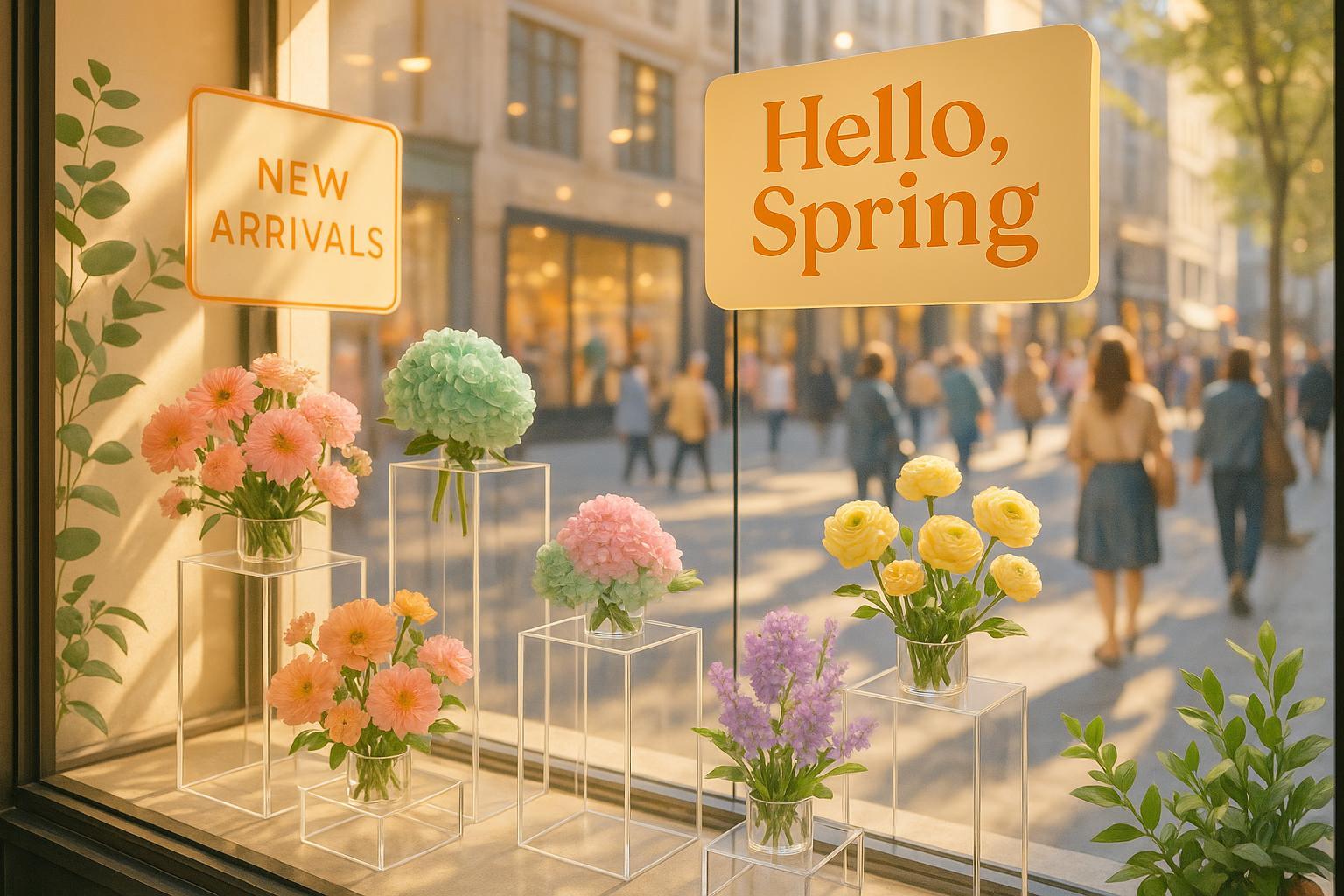 Spring 2025 retail window display with pastel florals and acrylic fixtures
