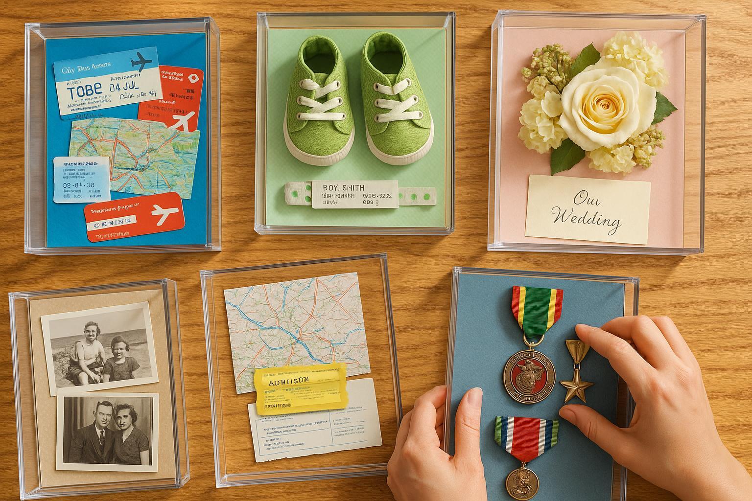 Creative shadow box collage ideas displayed in clear acrylic boxes on a table, showcasing memories like tickets, baby shoes, flowers, medals, and photos.