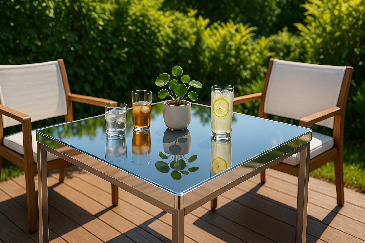 Modern outdoor acrylic tabletop in a garden setting, sunlight, reflecting sky.