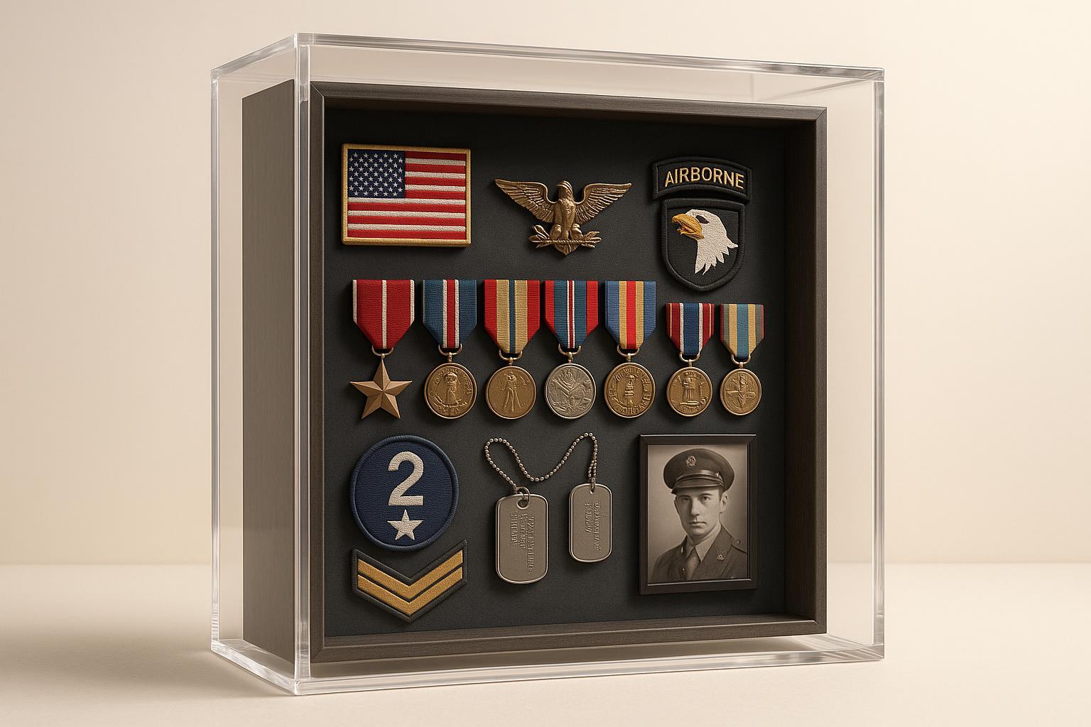 Creative military shadow box with acrylic display, medals, flags, and memorabilia telling a personal story.
