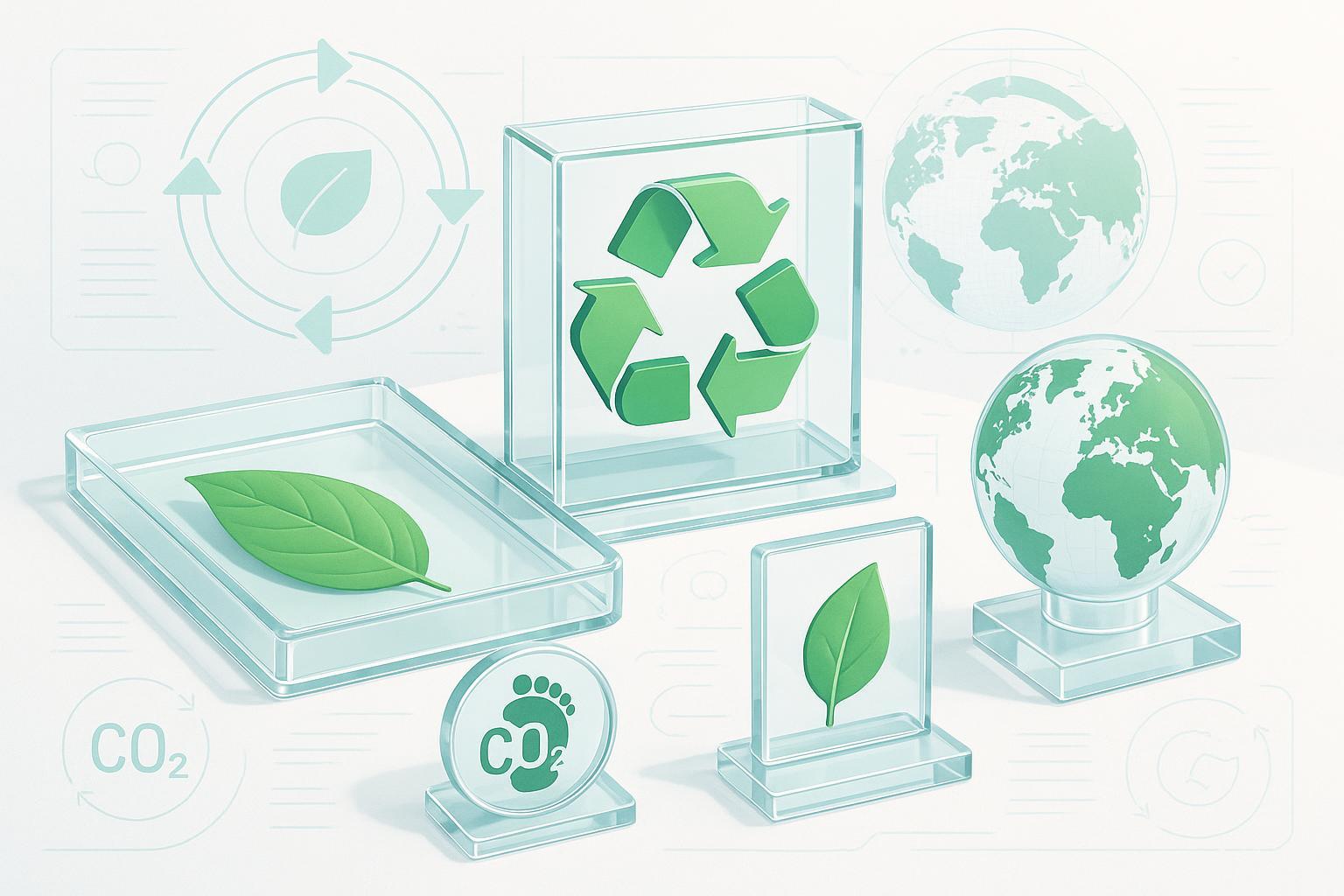 Eco-friendly modern acrylic objects, recycling symbols, and lifecycle graphics representing sustainable recycled acrylic design.