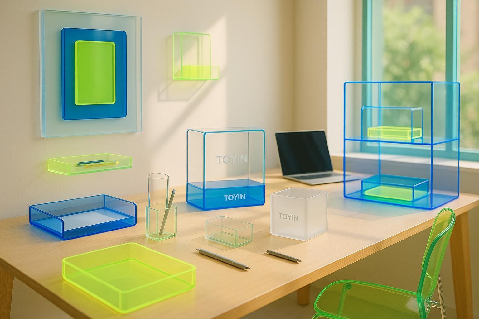 Modern workspace with versatile acrylic items and TOYIN branding, inspiring beginners in 2025 design.