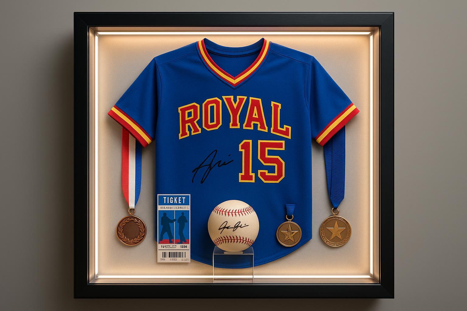 Creative shadow box display for sports memorabilia with multi-layered mounting, LED lighting, and custom acrylic cover.