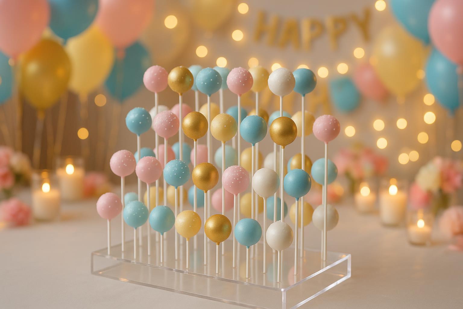 Creative acrylic cake pops display at a festive event, surrounded by colorful decorations.