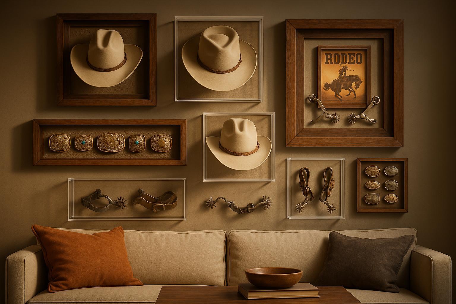 Western shadow box collection displayed in acrylic and rustic frames on a living room wall, illuminated with warm lighting.